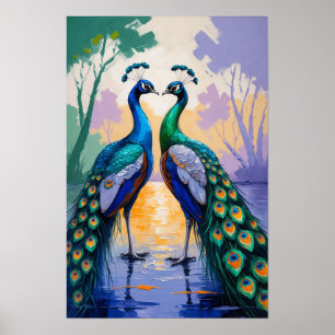 Poster Par de Pavões Reflexo na Água Arte de Ave Elegante