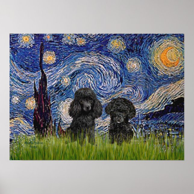 Pôster Par de Poodles (preto) - Noite Estrelada (Frente)