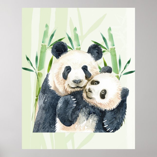 Poster Par Panda Bonito e Aquarela Bambu (Frente)