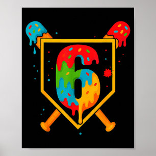 Poster Parabéns 6 Anos de Idade Beisebol Sorvete Primaver