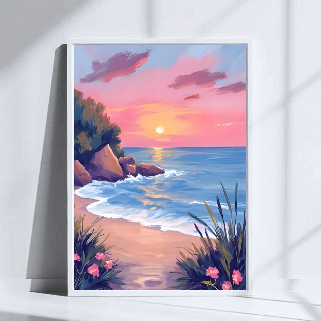 Poster Paradise Cove | Pink Watercolor Ocean Waves Sunset (Criador carregado)