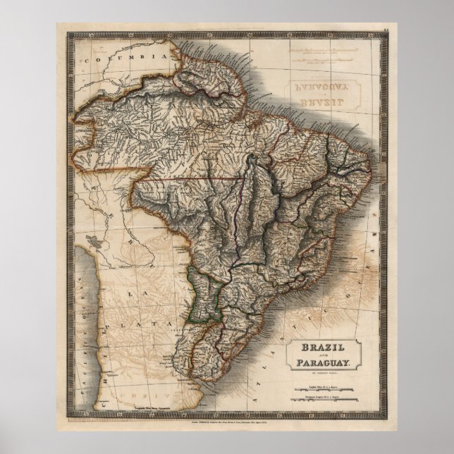 Pôster PARAGUAI e BRASIL MAP 1828 (Frente)