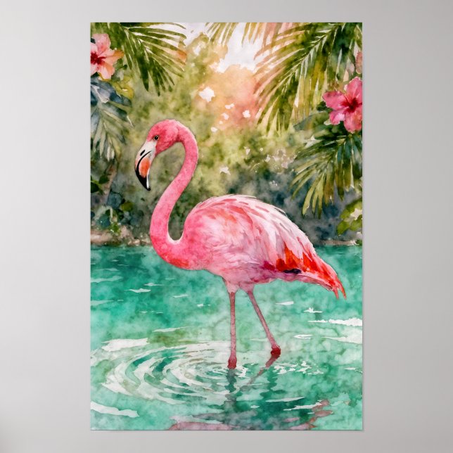 Poster Paraíso Floral de Flamingo Rosa Aquarela Tropical (Frente)