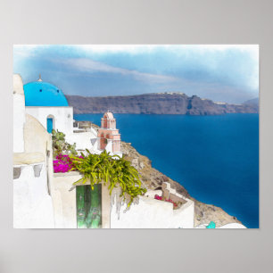 Pôster Paraíso Grecian. Pintura da aguarela de Santorini