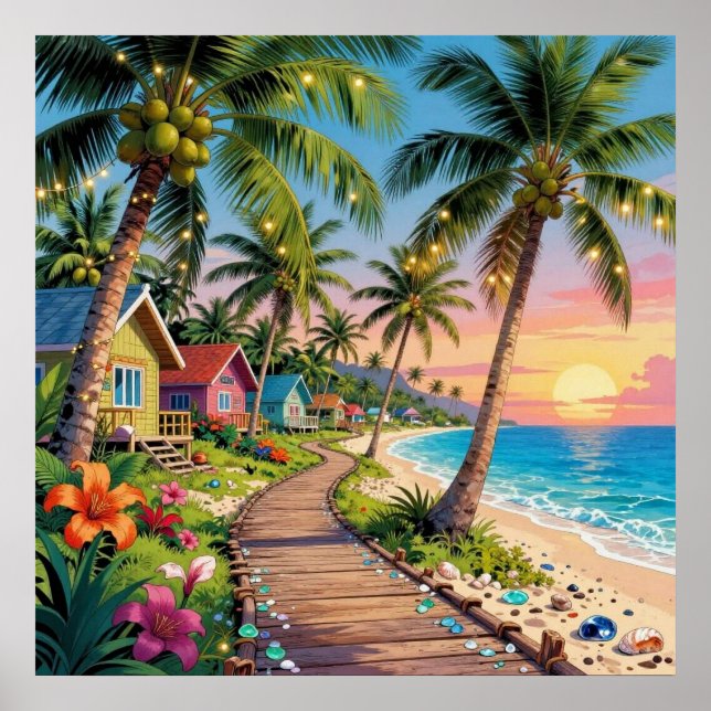 Poster Paraíso Tropical Casa de Praia à Beira-Mar Oceano  (Frente)