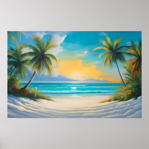Poster Paraíso Tropical Colorido Mar & Palmeiras