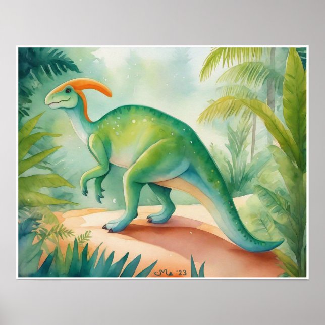 Poster Parasauralophus Watercolor Dinosaur Nursey Art (Frente)