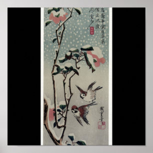 Pôster Pardais e camélias na neve cerca dos 1830's