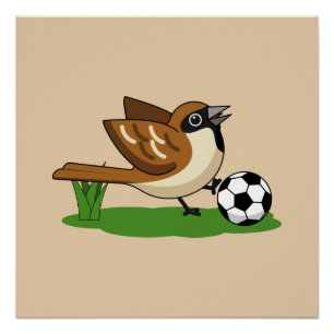 Pôster Pardal de desenho animado fofo jogando futebol