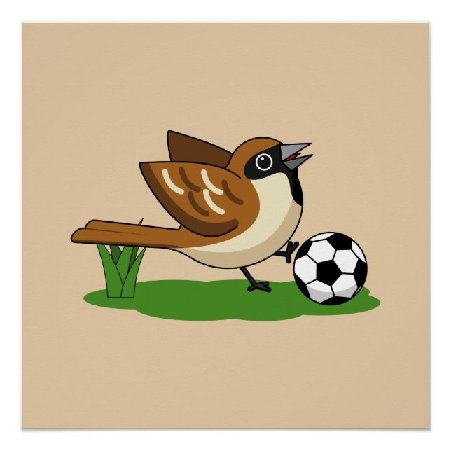 Pôster Pardal de desenho animado fofo jogando futebol (Frente)