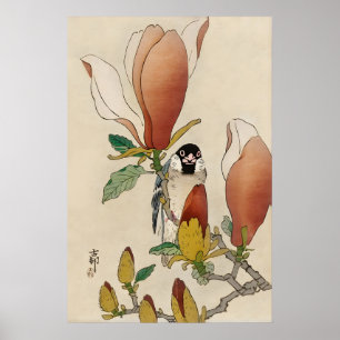 Poster Pardal no Ramo de Magnólia em Flor Japonês Fino