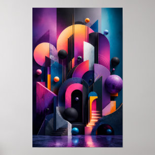 Poster Parede Abstrata Geométrica 3D Neon