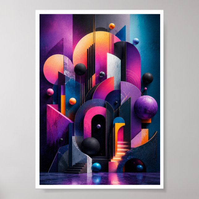 Poster Parede Abstrata Geométrica 3D Neon (Frente)