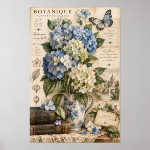 Poster Parede Botânica de Borboleta Hortênsia Azul Vintag