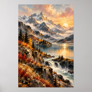Poster Parede de paisagem do lago e cachoeira da montanha