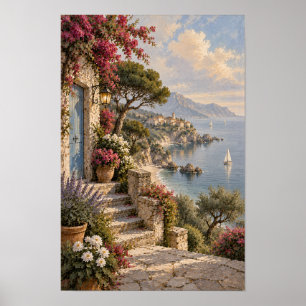 Poster Parede de Terraço Florido Costeiro e Vila de Barco