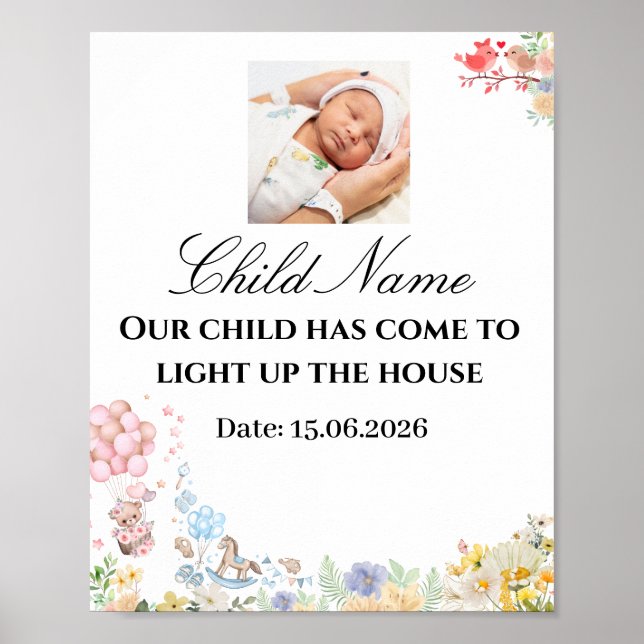Poster Parede do chá de bebê Sweet Teddy Love Birds (Frente)