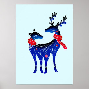 Poster Pares nórdicos azuis da rena do Natal