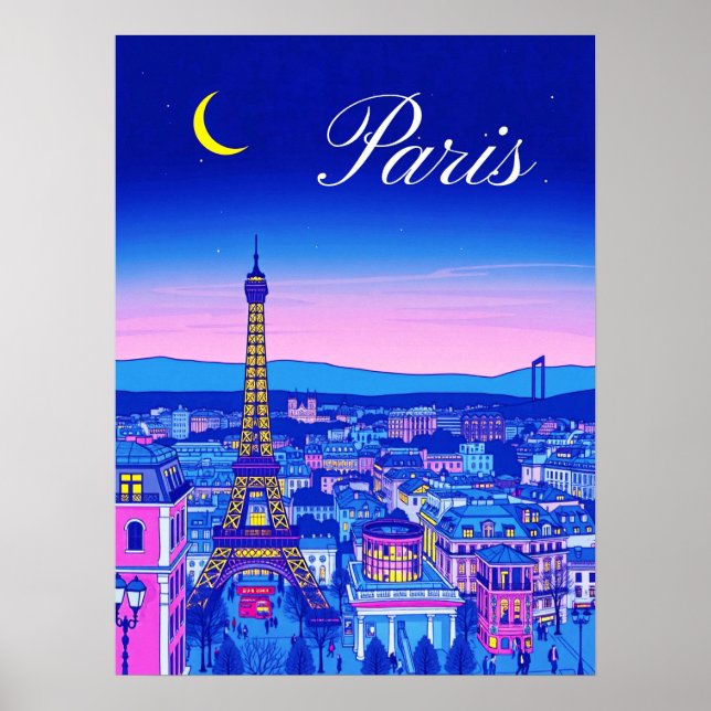 Poster Paris ao Crepúsculo sob uma Lua Crescente (Frente)