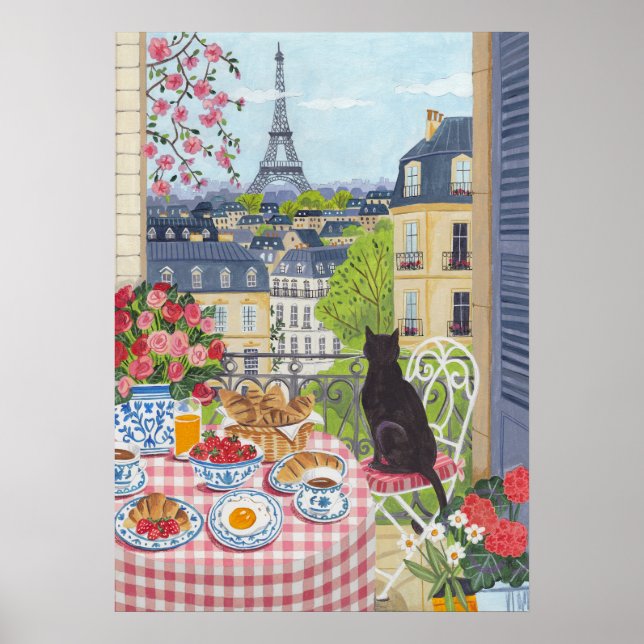 Poster Paris Balcony Breakfast Cat Eiffel Tower View Arts (Frente)