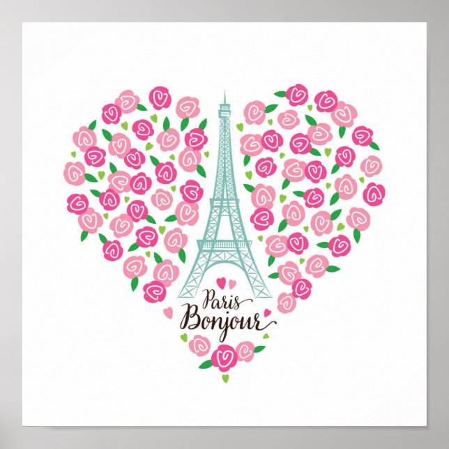 Poster Paris Bonjour | Coração Floral (Frente)