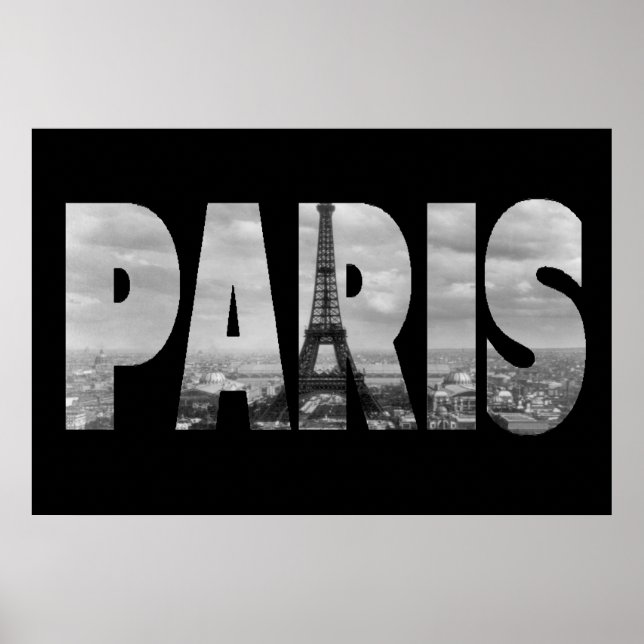 Poster Paris e Torre Eiffel, em Preto e Branco (Frente)