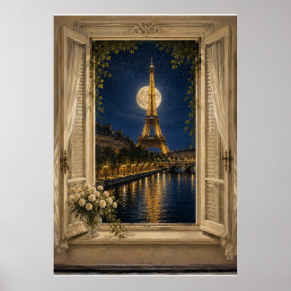 Poster Paris Eiffel Tower Full Moon Night Oil Painting