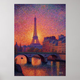 Poster Paris Eiffel Tower Pointillism Sunset Cityscape Ar