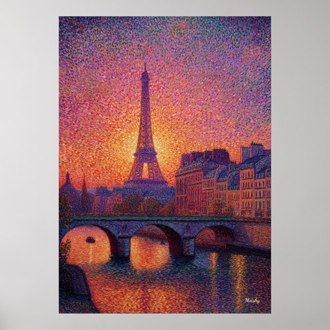 Poster Paris Eiffel Tower Pointillism Sunset Cityscape Ar (Frente)