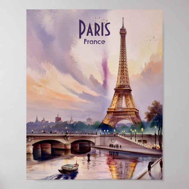 Poster Paris Eiffel Tower Seine River Sunset Watercolor (Frente)