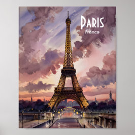 Poster Paris Eiffel Tower Twilight Watercolor Custom Text