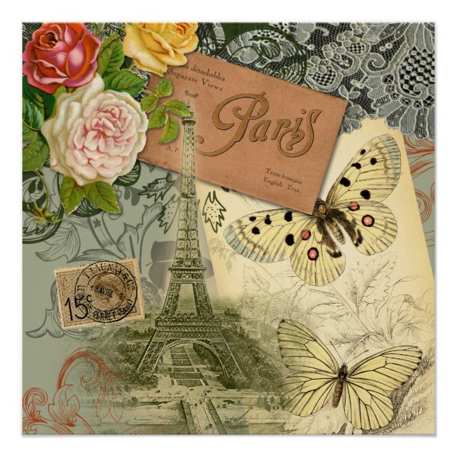 Pôster Paris França Antiga Colagem de Trabalho de arte Ei (Frente)