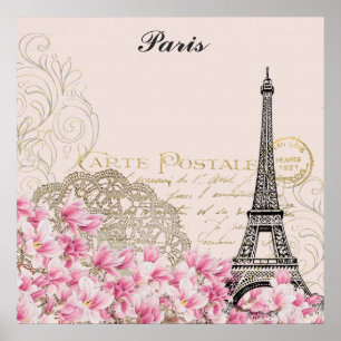 Poster Paris França Torre Eiffel Flores Rosa Vintage Pos