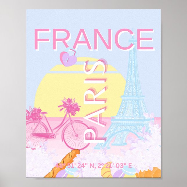 Poster Paris, França, Viagem Art, Preppy, Blue (Frente)