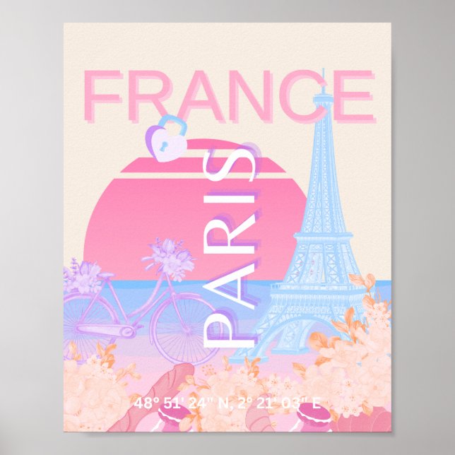 Poster Paris, França, Viagem Art, Preppy, Pastel (Frente)