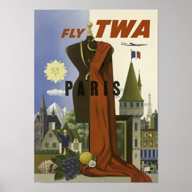 Poster Paris France Aviation Airline Viagens vintage (Frente)