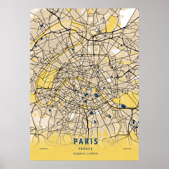 Poster Paris - France Yellow City Map (Frente)