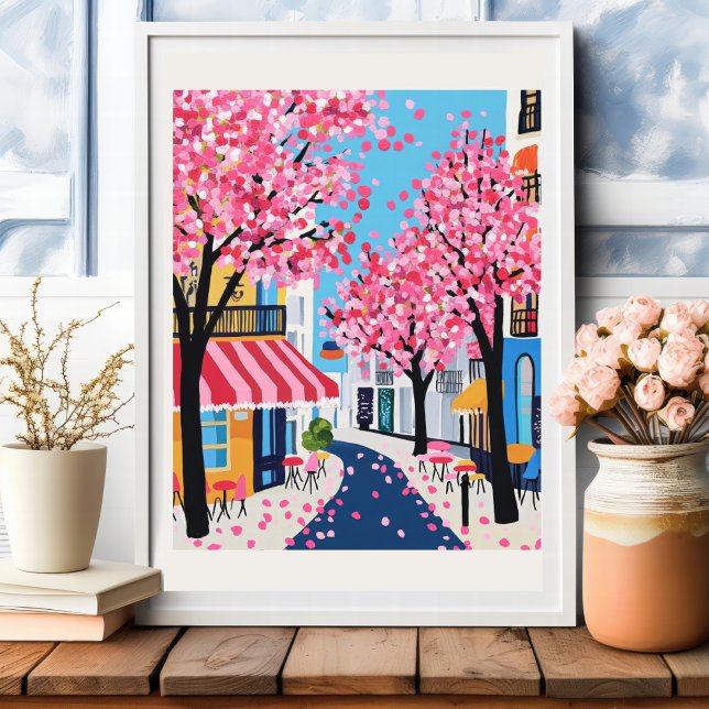 Poster Paris Street Cherry Blossoms Cafe Wall Art (Criador carregado)