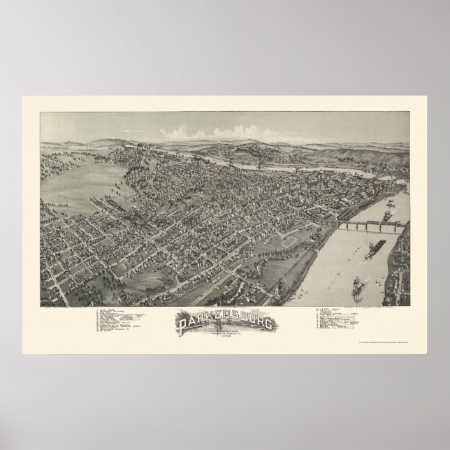 Pôster Parkersburg, Mapa Panorâmico do WV - 1899 (Frente)