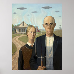 Poster Paródia Vintage de Óvni Alien Americano Gótico