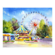 Parque de diversões vibrante em aquarela