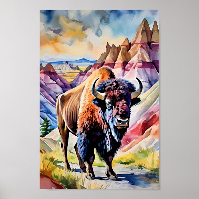 Poster Parque Nacional Badlands South Dakota Watercolor (Frente)