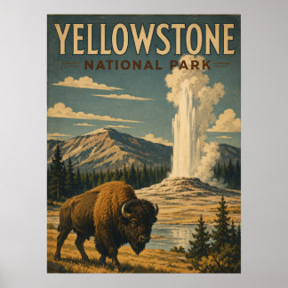 Poster Parque Nacional de Yellowstone Bisonte Estilo Vint