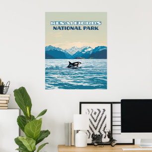 Poster Parque Nacional do Kenai Fjords Orca Alaska Vintag