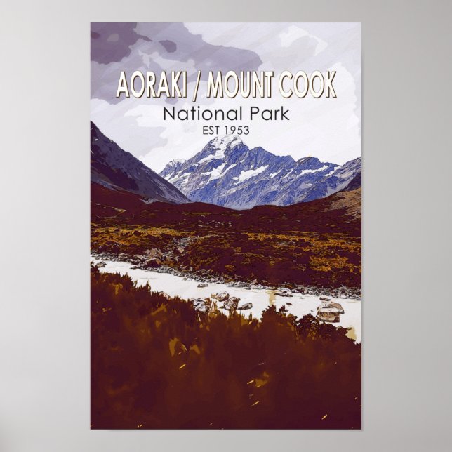 Poster Parque Nacional do Monte Cook, Aoraki Retro na Nov (Frente)