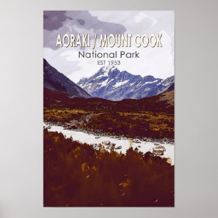 Poster Parque Nacional do Monte Cook, Aoraki Retro na Nov