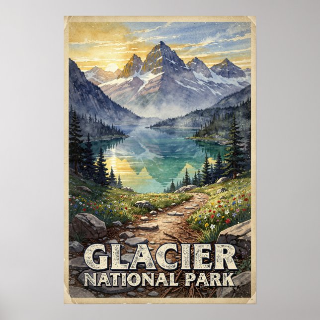 Poster Parque Nacional Glaciar Watercolor Retro (Frente)