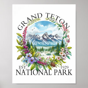 Poster Parque Nacional Grand Teton Floral Caminhada Acamp
