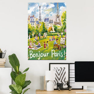 Poster Parque parisiense com a icônica Torre Eiffel