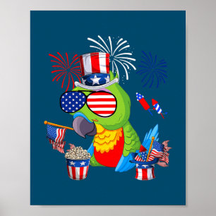 Poster Parrot Holding American Flag Sunglasses Happy 4th